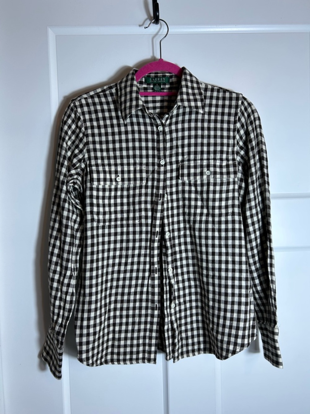 Lauren Ralph Lauren  Size Small Long Sleeve Plaid Blouse Brown White Cabin 4721